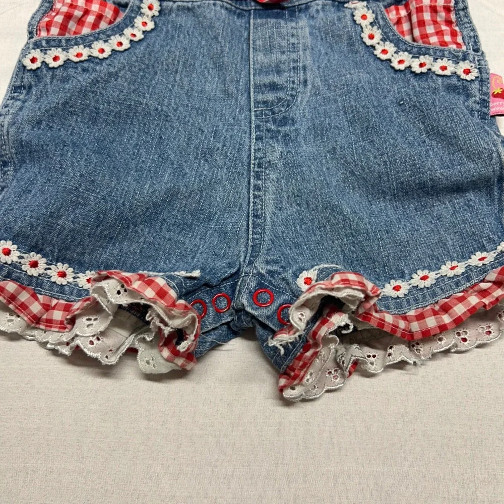Vintage Strawberry Shortcake Denim Overalls Gingham Ruffle Shortalls 18M RN15435